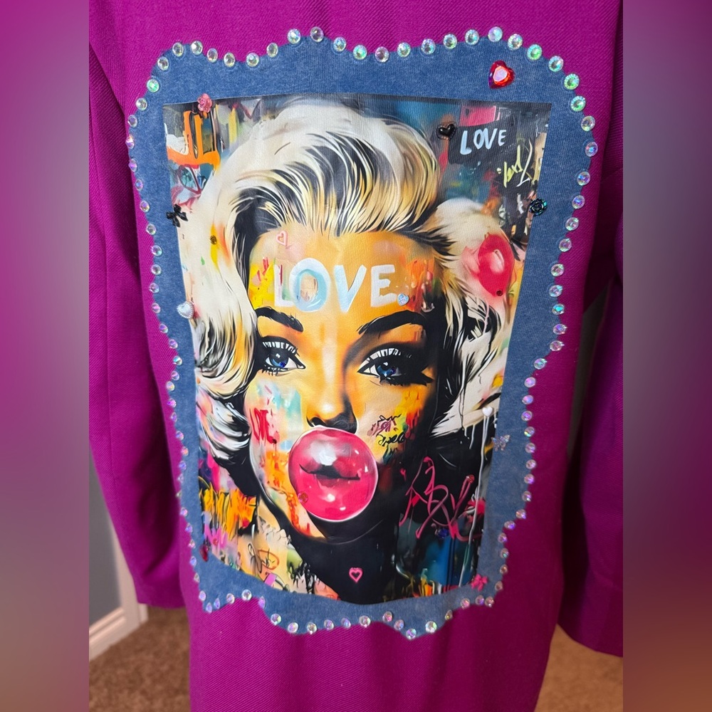 🫶🏼Custom Vintage Magenta Blazer Jacket Pop Art Marilyn Monroe Rhinestones
